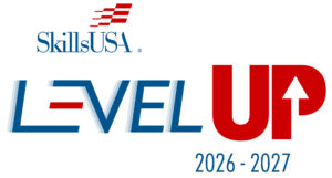 The SkillsUSA logo for the 2026–2027 "Level Up" initiative, featuring bold blue and red text with an upward arrow.
